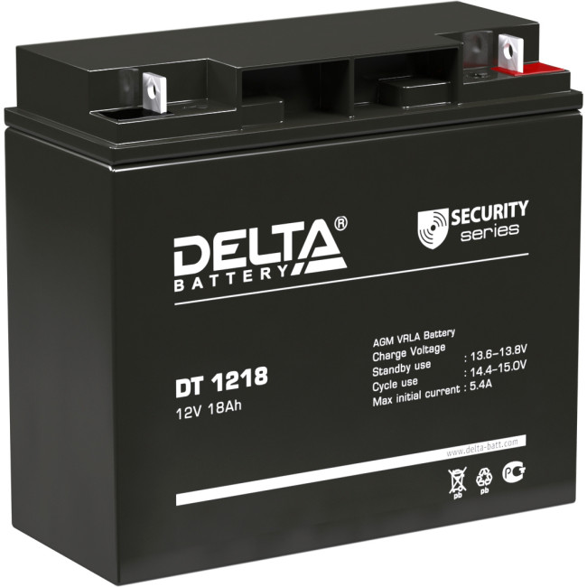 Батарея DELTA серия DT, DT 1218, напряжение 12В, емкость 18Ач (разряд 20 часов),  макс. ток разряда (5 сек.) 250А, макс. ток заряда 5.4А, свинцово-кислотная типа AGM, клеммы под гайку и болт M6, ДxШxВ 181х77х160мм., вес 5.2кг., срок службы 5 лет. Delta DT