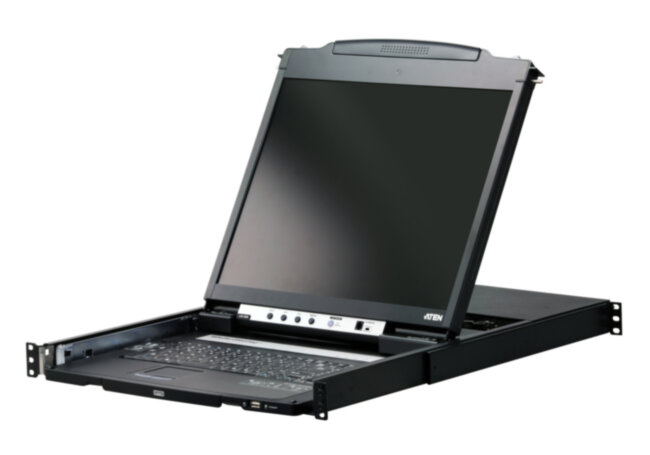 Kонсоль управления, для KVM-переключателей, электрон., 19", SVGA+KBD+MOUSE PS/2 USB, с KVM шнуром USB 1.8м, LCD Kран 19", лат./рус.Kлав., (выход на вторую конс 1280x1024 75Hz DDC2BKрепление DUAL RAIL доп.порт USB A-типа Female) ATEN CL5800NR