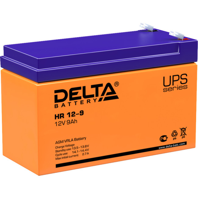 Батарея DELTA серия HR, HR 12-9, напряжение 12В, емкость 9Ач (разряд 20 часов),  макс. ток разряда (5 сек.) 135А, макс. ток заряда 2.7А, свинцово-кислотная типа AGM, клеммы F2, ДxШxВ 151х65х94мм., вес 2.78кг., срок службы 8 лет. Delta UPS HR 12-9 (12V / 9