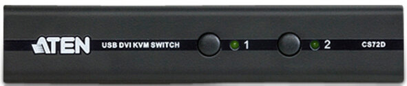 2-портовый USB-DVI KVM-переключатель, 1 user(SPHD18(Male)), KVM-порты (SPHD18(Female)). В комплекте кабели KVM (2L-5201P)-2шт., кабели KVM (2L-5201P)-2шт., кабель адаптера консоли. Не требует внешнего питания. ATEN CS72D