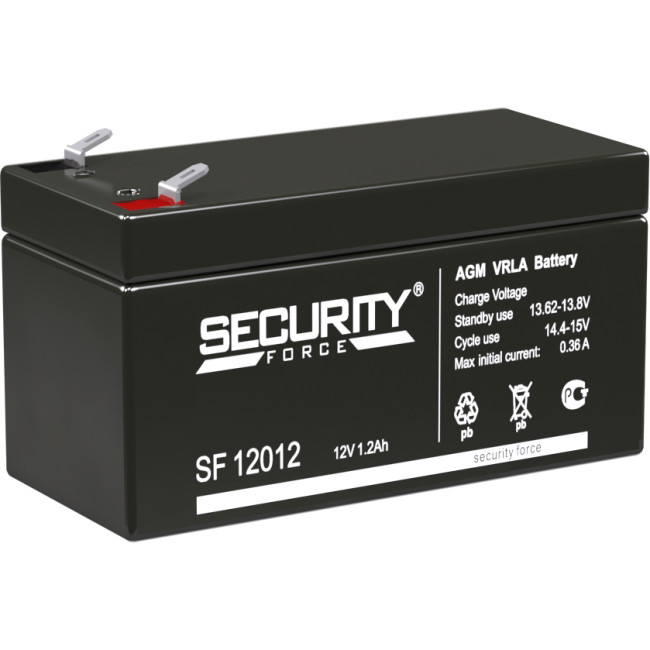 Батарея SECURITY FORCE серия SF, SF 12012, напряжение 12В, емкость 1.2Ач (разряд 20 часов), макс. ток заряда 0.36А, свинцово-кислотная типа AGM, клеммы F1, ДxШxВ 97х44х52мм., кг., срок службы 3-5 лет. Security Force SF 12012 (12V / 0.3Ah)