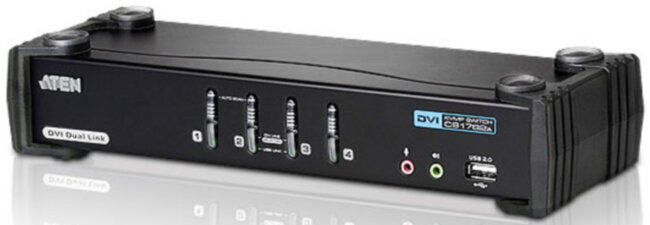 Переключатель, электрон., KVM+Audio+USB 2.0,  1 user USB+DVI =>  4 cpu USB+DVI, со шнурами USB 4х1.8м., 2560x1600 60Hz DVI-D Dual Link/2048x1536 DVI-A, настол., исп.стандартШнуры, без OSD, некаскад. ATEN CS1784A