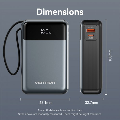 Power Bank Vention 20000mAh(USB-C + USB-C/USB-A) со встроенным кабелем 65W с LED Дисплеем, шт. Vention FHYB0