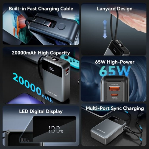 Power Bank Vention 20000mAh(USB-C + USB-C/USB-A) со встроенным кабелем 65W с LED Дисплеем, шт. Vention FHYB0