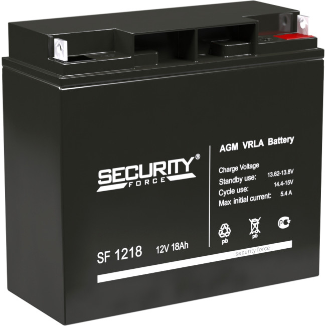Батарея SECURITY FORCE серия SF, SF 1218, напряжение 12В, емкость 18Ач (разряд 20 часов),  макс. ток разряда (5 сек.) 30А, макс. ток заряда 5.4А, свинцово-кислотная типа AGM, клеммы под гайку и болт M6, ДxШxВ 181х77х167мм., вес кг., срок службы 3-5 лет. S