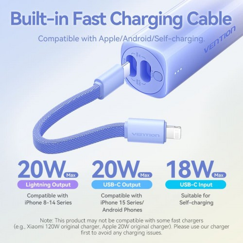 Power Bank Vention 5000mAh(USB-C + Lightning) 20W Серо-белый, шт. Vention FHWM0 Power Bank Vention 5000mAh(USB-C + Lightning) 20W Серо-белый, шт. Vention FHWM0