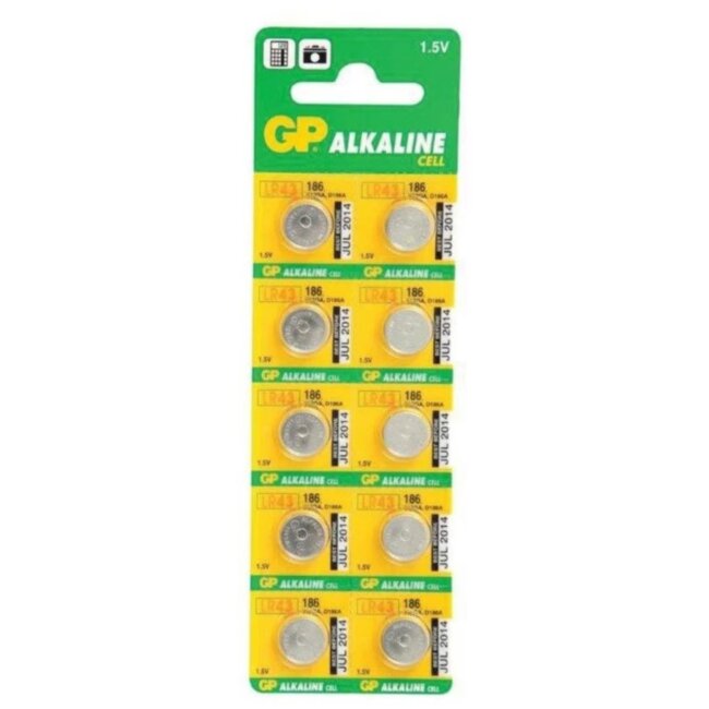 Алкалиновые пуговичные батарейки GP 186A - 10 шт., каждая в своем отрывном блистере GP 4891199015502