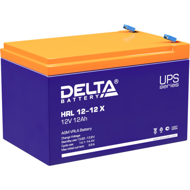 Батарея DELTA серия HRL-X, HRL 12-12 X, напряжение 12В, емкость 12Ач (разряд 10 часов),  макс. ток разряда (5 сек.) 160А, макс. ток заряда 3.6А, свинцово-кислотная типа AGM, клеммы F2, ДxШxВ 151х98х95мм., вес 3.85кг., срок службы 12 лет. Delta UPS HRL 12-
