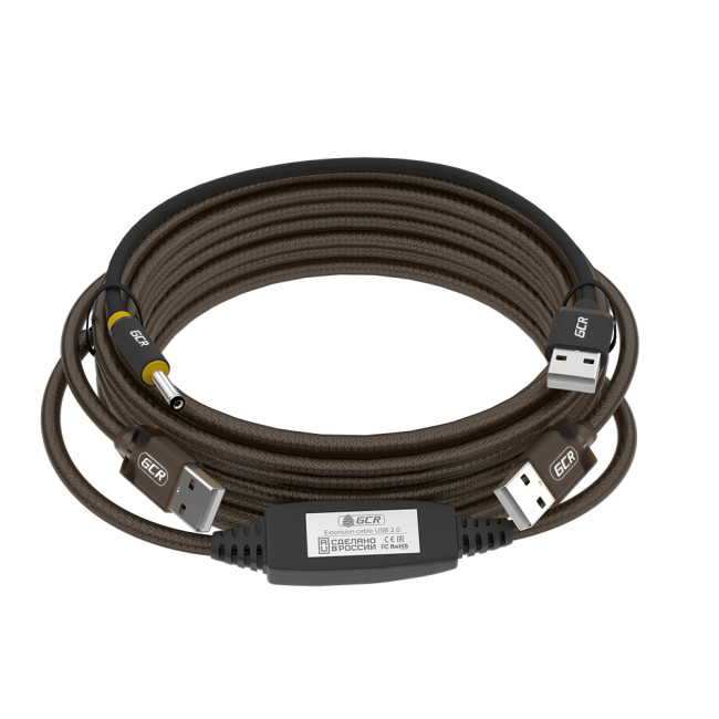 GCR Кабель активный 20.0m USB 2.0, AM/AM, черно-прозрачный, с усилителем сигнала, разъём для доп.питания, 24/22 AWG, GCR-53790 Greenconnect GCR-53790