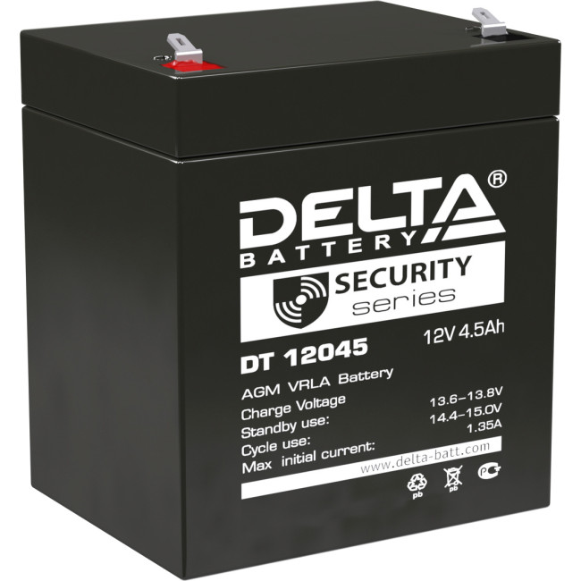 Батарея DELTA серия DT, DT 12045, напряжение 12В, емкость 4.5Ач (разряд 20 часов),  макс. ток разряда (5 сек.) 67.5А, макс. ток заряда 1.35А, свинцово-кислотная типа AGM, клеммы F1, ДxШxВ 90х70х101мм., вес 1.55кг., срок службы 5 лет. Delta DT 12045 (12V /