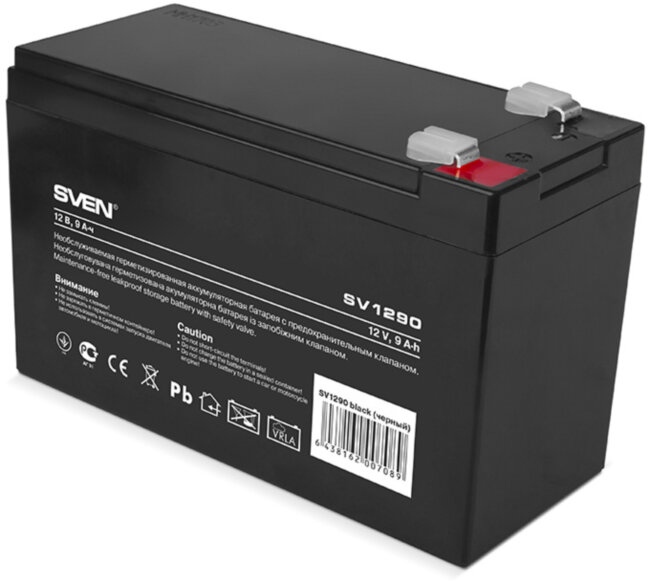 Батарея SVEN SV 1290 (12V 9Ah), напряжение 12В, емкость 9А*ч, макс. ток разряда 128А, макс. ток заряда 2.7А, свинцово-кислотная типа AGM, тип клемм F2, Д/Ш/В 151/65/94, 2.65кг Sven SV1290