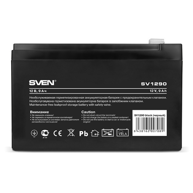 Батарея SVEN SV 1290 (12V 9Ah), напряжение 12В, емкость 9А*ч, макс. ток разряда 128А, макс. ток заряда 2.7А, свинцово-кислотная типа AGM, тип клемм F2, Д/Ш/В 151/65/94, 2.65кг Sven SV1290 Батарея SVEN SV 1290 (12V 9Ah), напряжение 12В, емкость 9А*ч, макс. ток разряда 128А, макс. ток заряда 2.7А, свинцово-кислотная типа AGM, тип клемм F2, Д/Ш/В 151/65/94, 2.65кг Sven SV1290