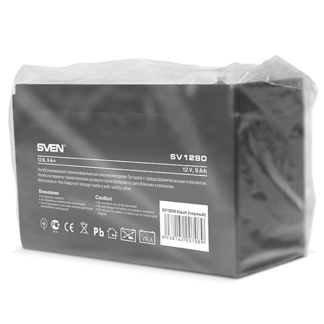 Батарея SVEN SV 1290 (12V 9Ah), напряжение 12В, емкость 9А*ч, макс. ток разряда 128А, макс. ток заряда 2.7А, свинцово-кислотная типа AGM, тип клемм F2, Д/Ш/В 151/65/94, 2.65кг Sven SV1290 Батарея SVEN SV 1290 (12V 9Ah), напряжение 12В, емкость 9А*ч, макс. ток разряда 128А, макс. ток заряда 2.7А, свинцово-кислотная типа AGM, тип клемм F2, Д/Ш/В 151/65/94, 2.65кг Sven SV1290