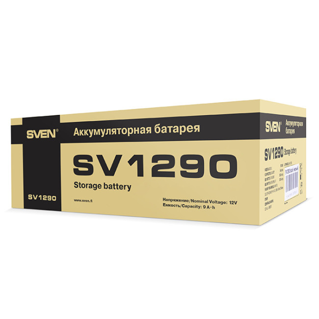 Батарея SVEN SV 1290 (12V 9Ah), напряжение 12В, емкость 9А*ч, макс. ток разряда 128А, макс. ток заряда 2.7А, свинцово-кислотная типа AGM, тип клемм F2, Д/Ш/В 151/65/94, 2.65кг Sven SV1290 Батарея SVEN SV 1290 (12V 9Ah), напряжение 12В, емкость 9А*ч, макс. ток разряда 128А, макс. ток заряда 2.7А, свинцово-кислотная типа AGM, тип клемм F2, Д/Ш/В 151/65/94, 2.65кг Sven SV1290
