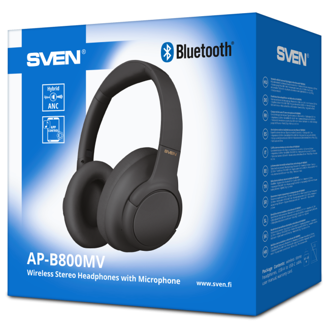 Беспроводные стереонаушники с микрофоном SVEN AP-B800MV, черный (Bluetooth, hybrid ANC, APP, 4 mics 500mAh) Sven SV-022754