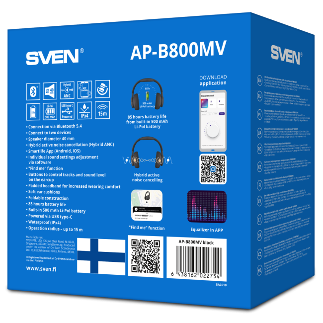 Беспроводные стереонаушники с микрофоном SVEN AP-B800MV, черный (Bluetooth, hybrid ANC, APP, 4 mics 500mAh) Sven SV-022754