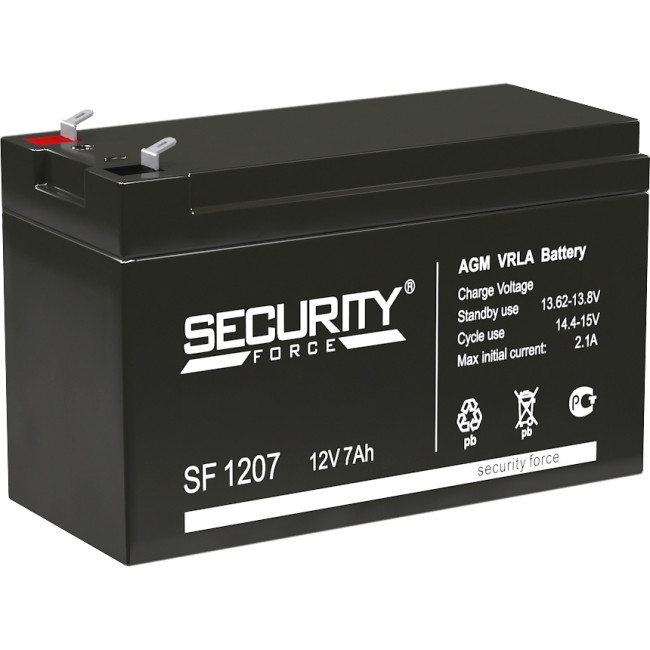 Батарея SECURITY FORCE серия SF, SF 1207, напряжение 12В, емкость 7Ач (разряд 20 часов),  макс. ток разряда (5 сек.) 60А, макс. ток заряда 2.1А, свинцово-кислотная типа AGM, клеммы F1, ДxШxВ 151х65х95мм., вес кг., срок службы 3-5 лет. Security Force SF 12