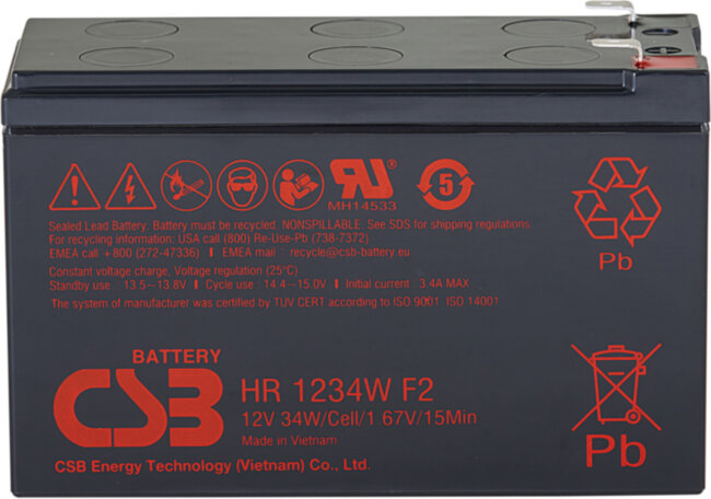 Батарея CSB серия GP, HR1234W F2, напряжение 12В, емкость 8.5Ач (разряд 20 часов), 34 Вт/Эл при 15-мин. разряде до U кон. - 1.67 В/Эл при 25 °С, макс. ток разряда (5 сек.) 130А, ток короткого замыкания 349А, макс. ток заряда 3.4A, свинцово-кислотная типа 