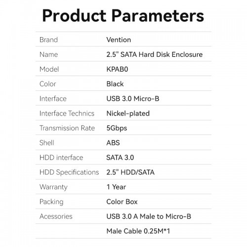 Внешний корпус Vention для HDD/SSD 2.5" (USB 3.0 Mirco-B) Черный Vention KPAB0 Внешний корпус Vention для HDD/SSD 2.5" (USB 3.0 Mirco-B) Черный Vention KPAB0