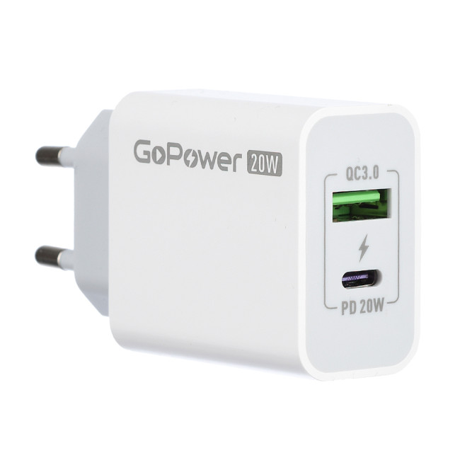 Сетевое З/У Сетевое З/У GoPower GPQC08 1USB+1Type-C 20W QC3.0 белый