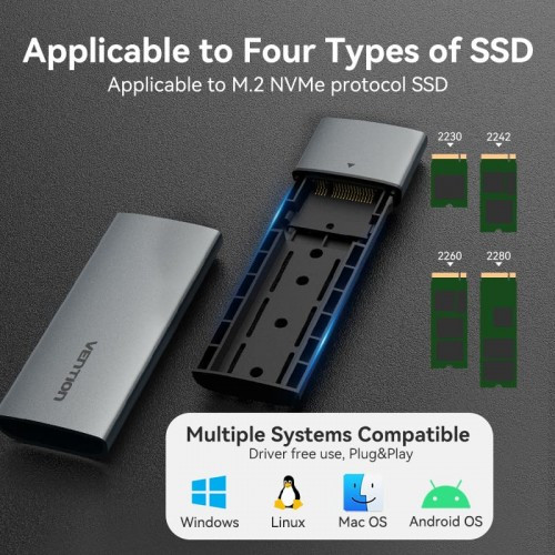 Корпус для SSD Vention USB 3.1 Gen 2-C M.2 NVMe Серый Vention KPGH0 Корпус для SSD Vention USB 3.1 Gen 2-C M.2 NVMe Серый Vention KPGH0