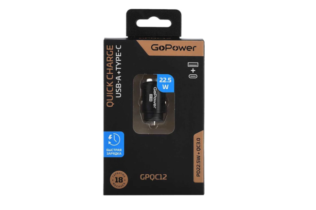 Сетевое З/У Автомобильное З/У GoPower GPQC12 1USB+1Type-C 22.5W Mini Сетевое З/У Автомобильное З/У GoPower GPQC12 1USB+1Type-C 22.5W Mini