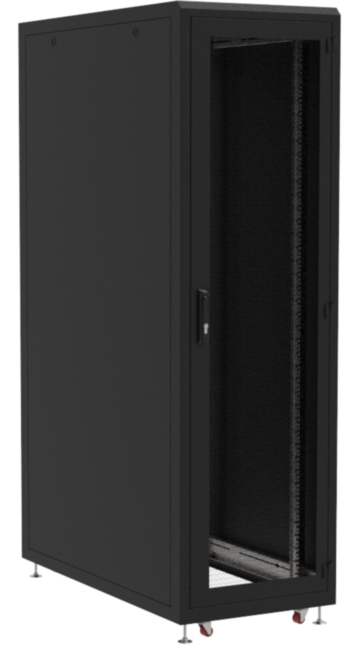 Напольный 19" серверный шкаф MIROTEK 42U,ширина 800мм, глубина 1050мм, двери вентилируемые 86% перфорации: спереди одностворчатая, сзади двухстворчатая, грузоподъемность 1500кг, ролики, цвет RAL9005 (черный) MIROTEK МИР MIR3150