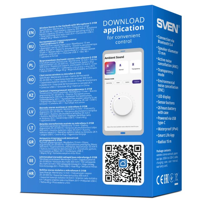 Беспроводные внутриканальные наушники с микрофоном SVEN E-315B, черный (Bluetooth, TWS, ANC, ENC, APP) Sven E-315B