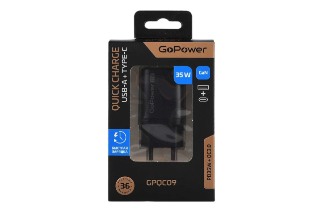 Сетевое З/У Сетевое З/У GoPower GPQC09 1USB+1Type-C 35W QC3.0 GAN черный Сетевое З/У Сетевое З/У GoPower GPQC09 1USB+1Type-C 35W QC3.0 GAN черный