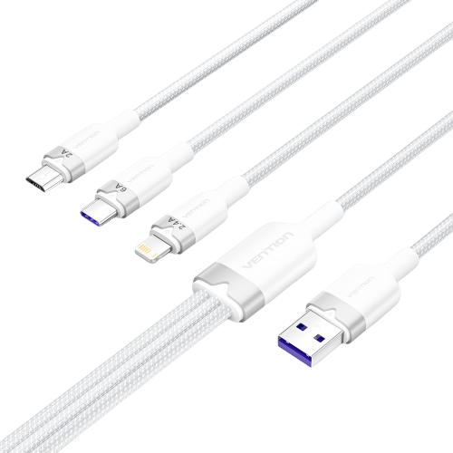 Кабель Vention 3 в 1 USB 2.0 AM/ Micro-B, USB-C, Lightning M - 1.5м. Белый 6A, шт. Vention CTRWG