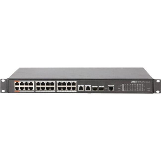 2xCombo 1000 Base-T/SFP 24x 10/100 Base-T（Hi-PoE/PoE+/PoE）IEEE802.3af/IEEE802.3at/Hi-PoE Мощность PoE  240Вт Размеры 440мм×300мм×44мм Dahua DH-PFS4226-24ET-240
