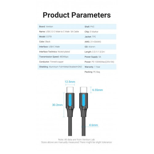Кабель Vention USB 2.0 CM/CM 5А PD100W - 2м. Черный, шт. Vention COTBH