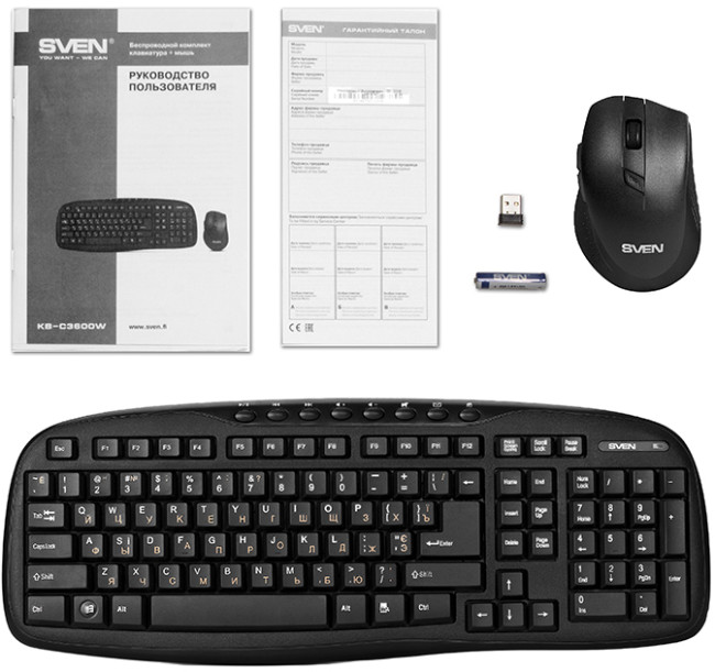 Беспроводной набор клавиатура+мышь SVEN KB-C3600W (112 кл., 800-1600DPI, 5+1 кл.) Sven SV-014742 Беспроводной набор клавиатура+мышь SVEN KB-C3600W (112 кл., 800-1600DPI, 5+1 кл.) Sven SV-014742
