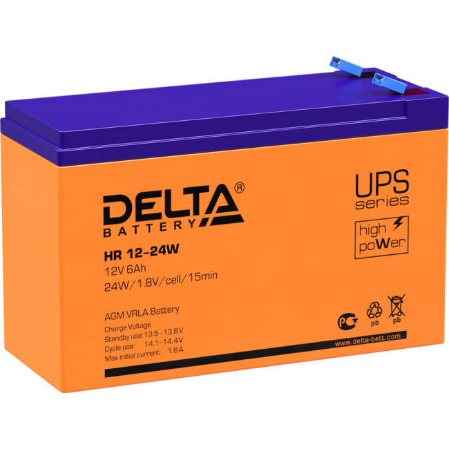 Батарея DELTA серия HR-W, HR 12-24 W, напряжение 12В, емкость 6Ач (разряд 20 часов),  макс. ток разряда (5 сек.) 90А, макс. ток заряда 1.8А, свинцово-кислотная типа AGM, клеммы F2, ДxШxВ 151х52х94мм., вес 2.18кг., срок службы 8 лет. Delta UPS HR 12-24 W (