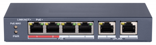 Сетевой неуправляемый коммутатор 4 RJ45 100M PoE 2 порта с высоким приоритетом; 2 Uplink порта 100М Ethernet; PoE: IEEE802.3af IEEE802.3at; бюджет PoE 35Вт; поддержка режима передачи до 250м10Мбит/с CAT5e; защита от перенапряжений DC48В 1.25A; 38Вт;-10 C.