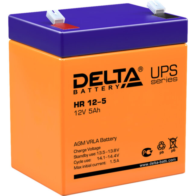 Батарея DELTA серия HR, HR 12-5, напряжение 12В, емкость 5Ач (разряд 20 часов),  макс. ток разряда (5 сек.) 75А, макс. ток заряда 1.5А, свинцово-кислотная типа AGM, клеммы F2, ДxШxВ 90х70х101мм., вес 1.8кг., срок службы 8 лет. Delta UPS HR 12-5 (12V / 5Ah