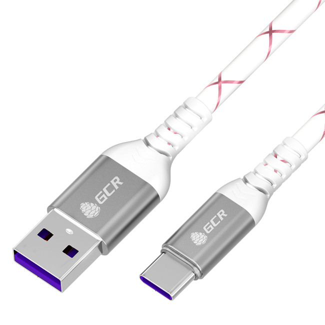 GCR Кабель 0.5m, TypeC, быстрая зарядка 18W, поддержка QC, PD, бело-розовый, AL case серебро, 28/24 AWG, GCR-55289 Greenconnect GCR-55289