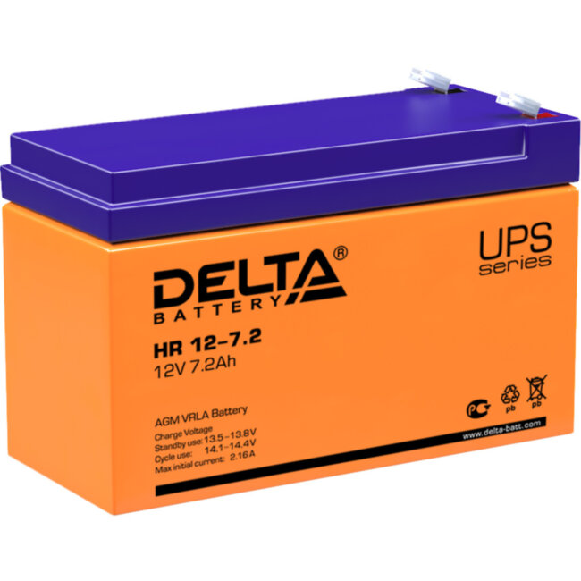 Батарея DELTA серия HR, HR 12-7,2, напряжение 12В, емкость 7.2Ач (разряд 20 часов),  макс. ток разряда (5 сек.) 105А, макс. ток заряда 2.16А, свинцово-кислотная типа AGM, клеммы F2, ДxШxВ 151х65х94мм., вес 2.5кг., срок службы 8 лет. Delta UPS HR 12-7.2 (1