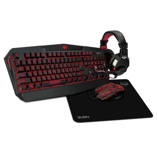 Игровой набор клавиатура+мышь+гарнитура+коврик SVEN GS-4300 (104 кл.+12Fn, 8 смен. кл., 200-4800DPI) Sven SV-018382 Игровой набор клавиатура+мышь+гарнитура+коврик SVEN GS-4300 (104 кл.+12Fn, 8 смен. кл., 200-4800DPI) Sven SV-018382