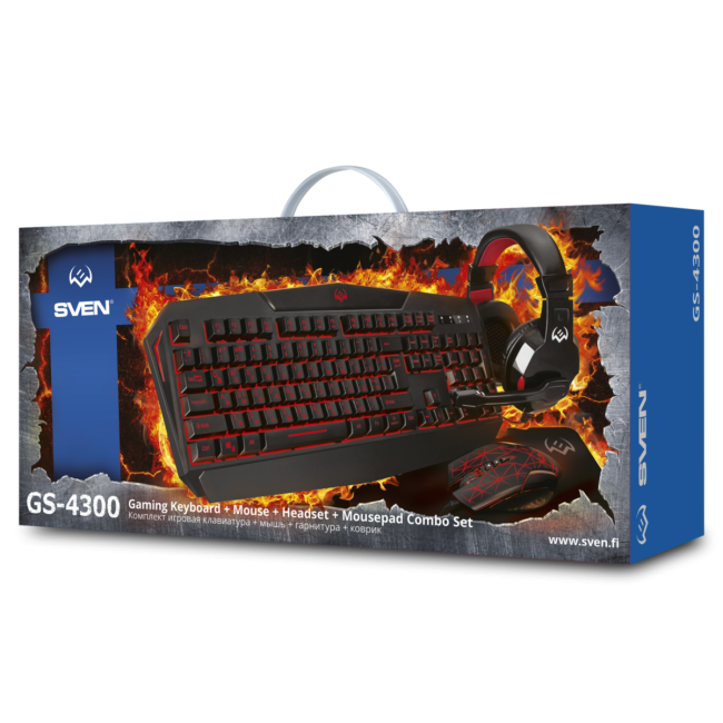 Игровой набор клавиатура+мышь+гарнитура+коврик SVEN GS-4300 (104 кл.+12Fn, 8 смен. кл., 200-4800DPI) Sven SV-018382 Игровой набор клавиатура+мышь+гарнитура+коврик SVEN GS-4300 (104 кл.+12Fn, 8 смен. кл., 200-4800DPI) Sven SV-018382