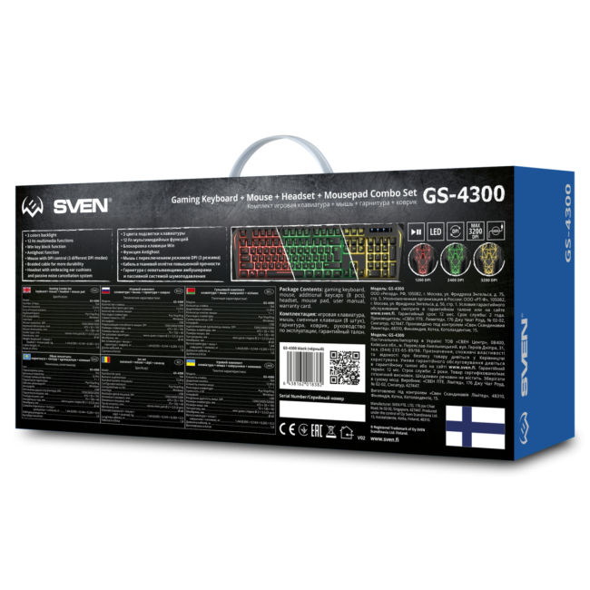 Игровой набор клавиатура+мышь+гарнитура+коврик SVEN GS-4300 (104 кл.+12Fn, 8 смен. кл., 200-4800DPI) Sven SV-018382 Игровой набор клавиатура+мышь+гарнитура+коврик SVEN GS-4300 (104 кл.+12Fn, 8 смен. кл., 200-4800DPI) Sven SV-018382