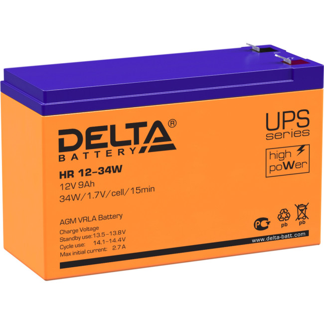 Батарея DELTA серия HR-W, HR 12-34 W, напряжение 12В, емкость 9Ач (разряд 20 часов),  макс. ток разряда (5 сек.) 160А, макс. ток заряда 2.7А, свинцово-кислотная типа AGM, клеммы F2, ДxШxВ 151х65х94мм., вес 2.62кг., срок службы 8 лет. Delta HR 12-34 W (12V