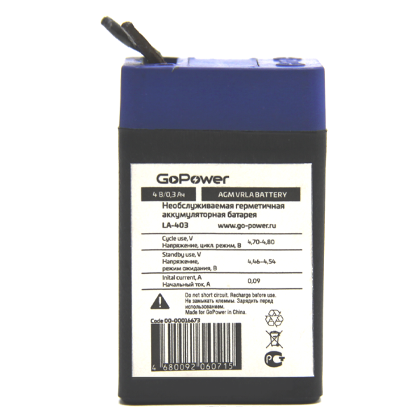 Аккумулятор свинцово-кислотный GoPower LA-403 4V 0.3Ah (1/200) Аккумулятор свинцово-кислотный GoPower LA-403 (00-00016673)