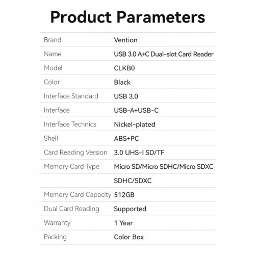 Картридер Vention USB 3.0 A+C (SD+TF) Черный Vention CLKB0