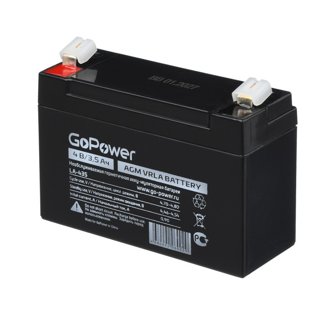 Аккумулятор свинцово-кислотный GoPower LA-435 4V 3.5Ah (1/20) Аккумулятор свинцово-кислотный GoPower LA-435 (00-00015320)