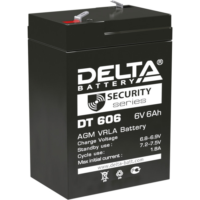 Батарея DELTA серия DT, DT 606, напряжение 6В, емкость 6Ач (разряд 20 часов),  макс. ток разряда (5 сек.) 90А, макс. ток заряда 1.8А, свинцово-кислотная типа AGM, клеммы F1, ДxШxВ 70х48х101мм., вес 0.81кг., срок службы 5 лет. Delta DT 606 (6V / 6Ah)