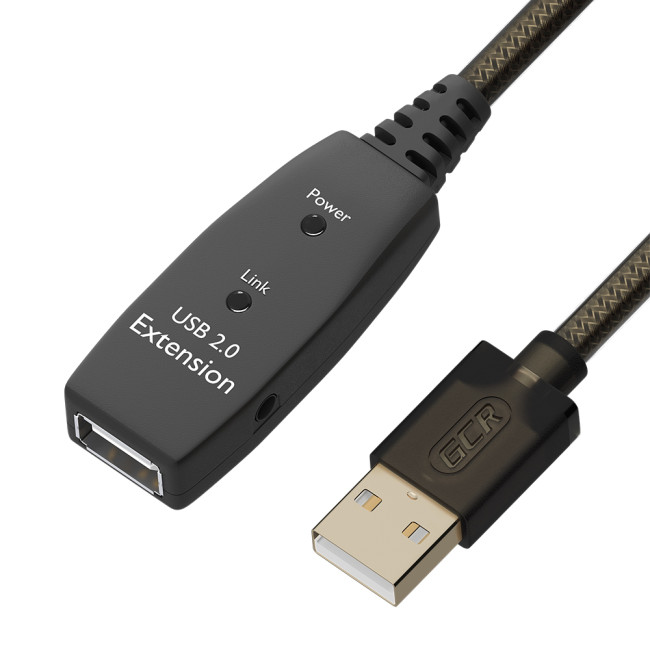 GCR Удлинитель активный 7.5m USB 2.0, AM/AF, GOLD, черно-прозрачный, с усилителем сигнала, разъём для доп.питания, 28/24 AWG, GCR-53805 GreenConnect GCR-53805