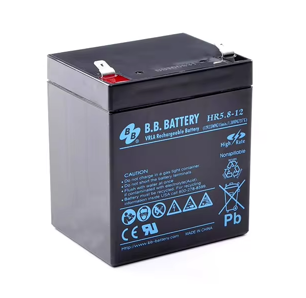 Батарея B.B. Battery серия HR, HR5.8-12, напряжение 12В,  емкость 5.8Ач (разряд 20 часов), емкость 5.3Ач (разряд 10 часов), макс. ток разряда (5 сек.) 79.5А, макс. ток заряда 1.59A, свинцово-кислотная типа AGM, клеммы Т2, ДxШxВ 90x70x106мм., вес 1.88кг., 