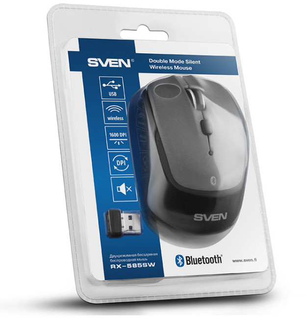 Беспроводная мышь SVEN RX-585SW сер. (бесш. кл., Bluetooth, 2,4GHz, 5+1кл., ST, 800-1600DPI, блист.) Sven RX-585SW Беспроводная мышь SVEN RX-585SW сер. (бесш. кл., Bluetooth, 2,4GHz, 5+1кл., ST, 800-1600DPI, блист.) Sven RX-585SW
