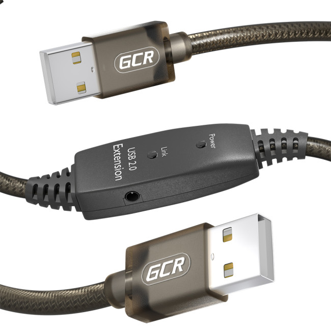 GCR Кабель активный 15.0m USB 2.0, AM/AM, черно-прозрачный, с усилителем сигнала, разъём для доп.питания, 24/22 AWG Greenconnect GCR-53789